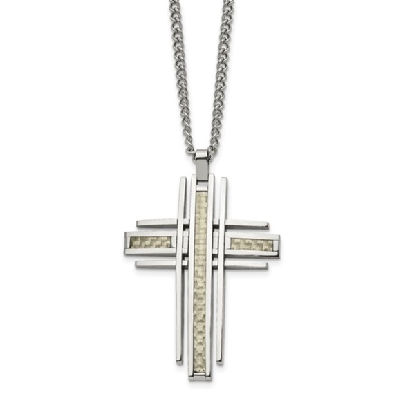 Chisel Stainless Steel Grey Carbon Fiber Cross 24″ Necklace - Picture 1 of 4